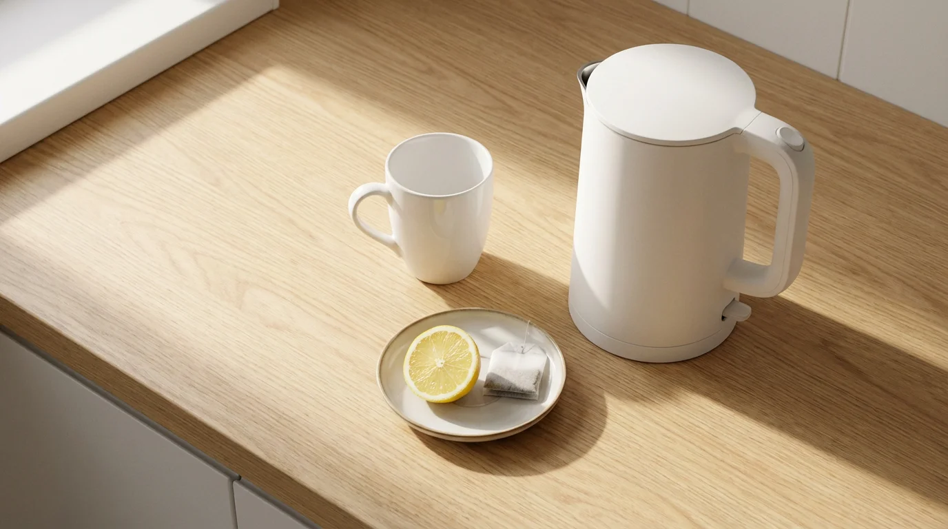 Flat lay of a lightweight white electric kettle, a teacup, and a lemon slice.