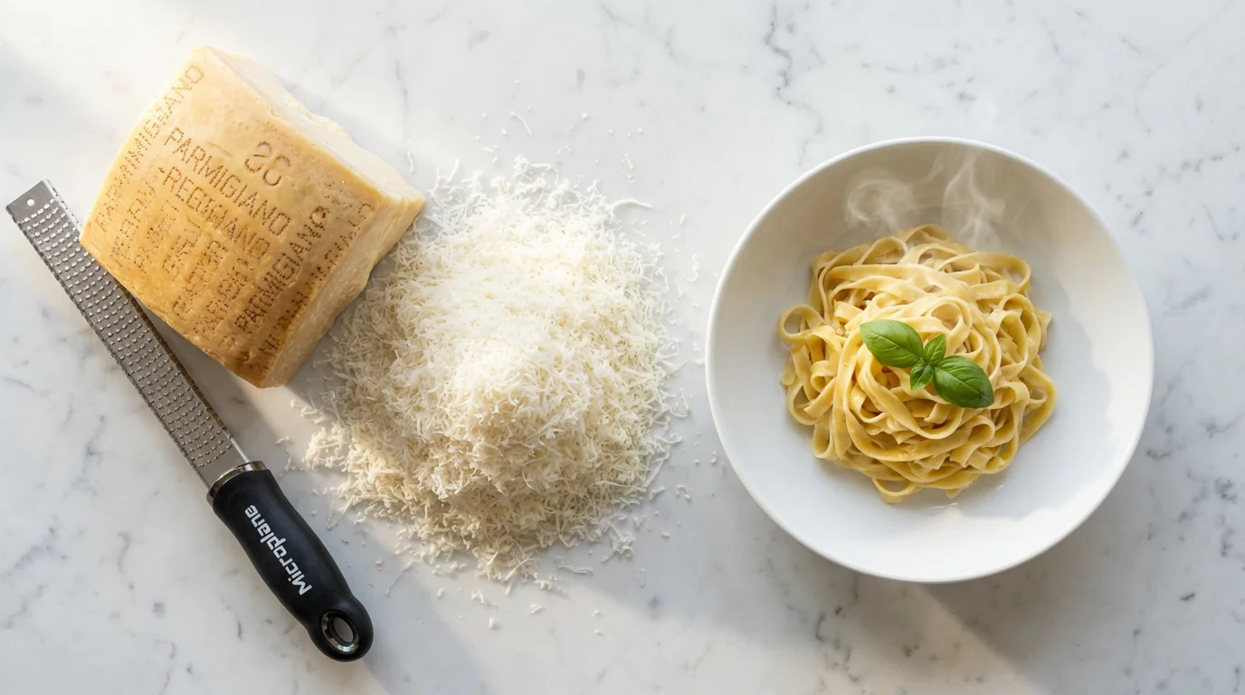 Flat lay of a microplane grater, a block of Parmesan, and grated cheese.