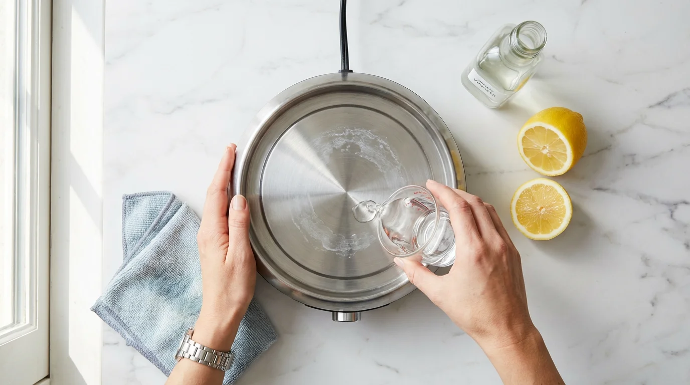 Flat lay of a person cleaning an egg cooker's heating plate on a marble countertop.