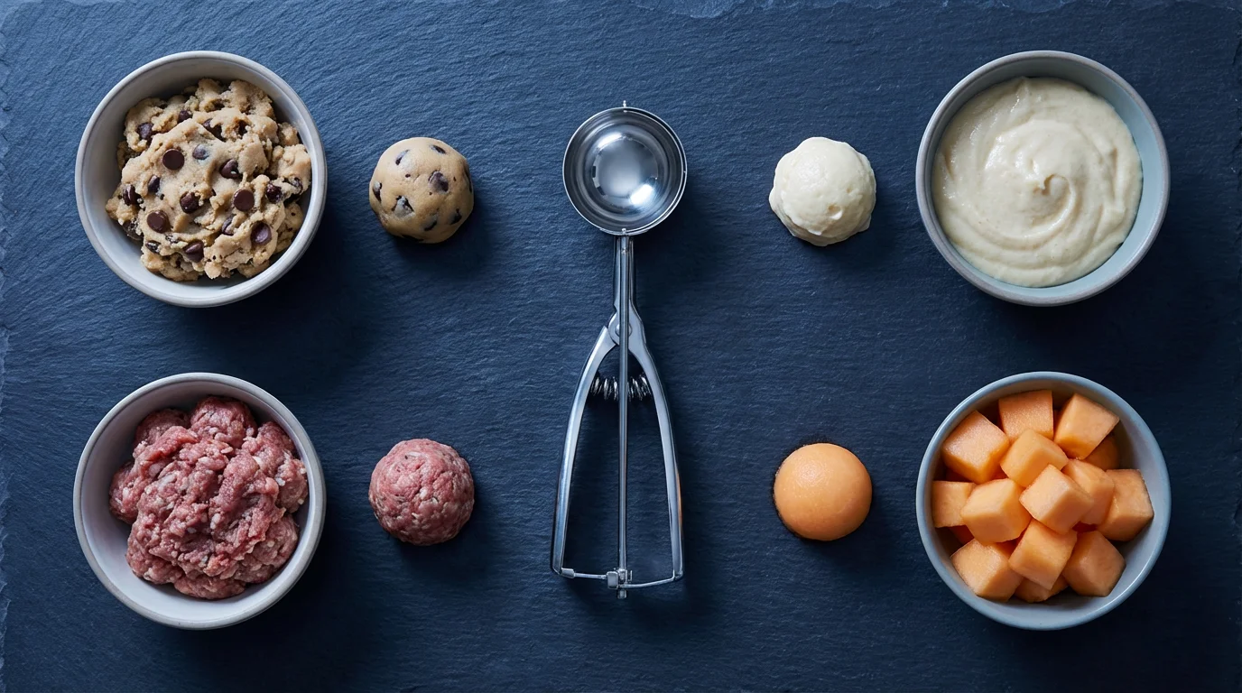 Flat lay of a portion scoop with cookie dough, batter, meatballs, and melon.