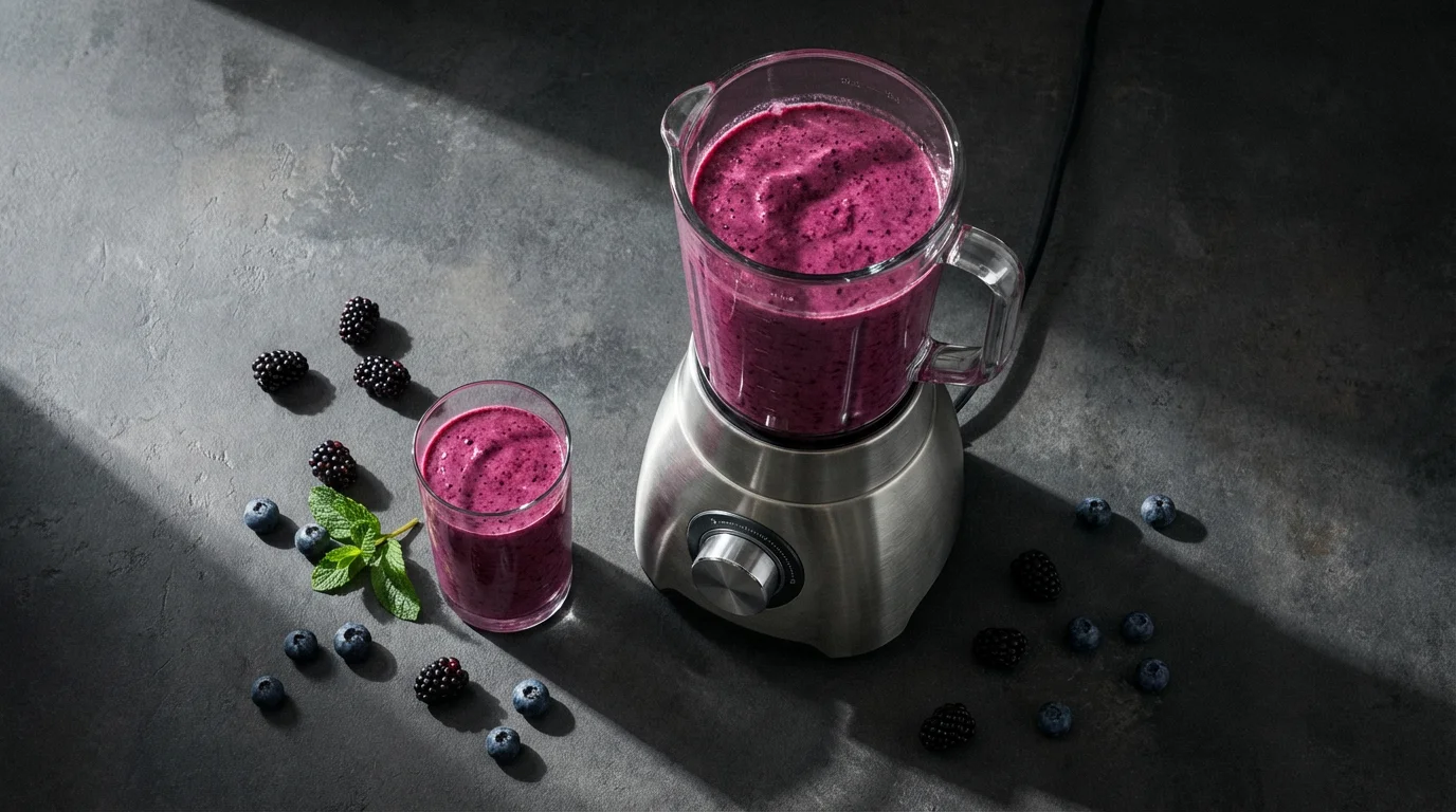 Flat lay of a powerful blender and a glass of purple berry smoothie.