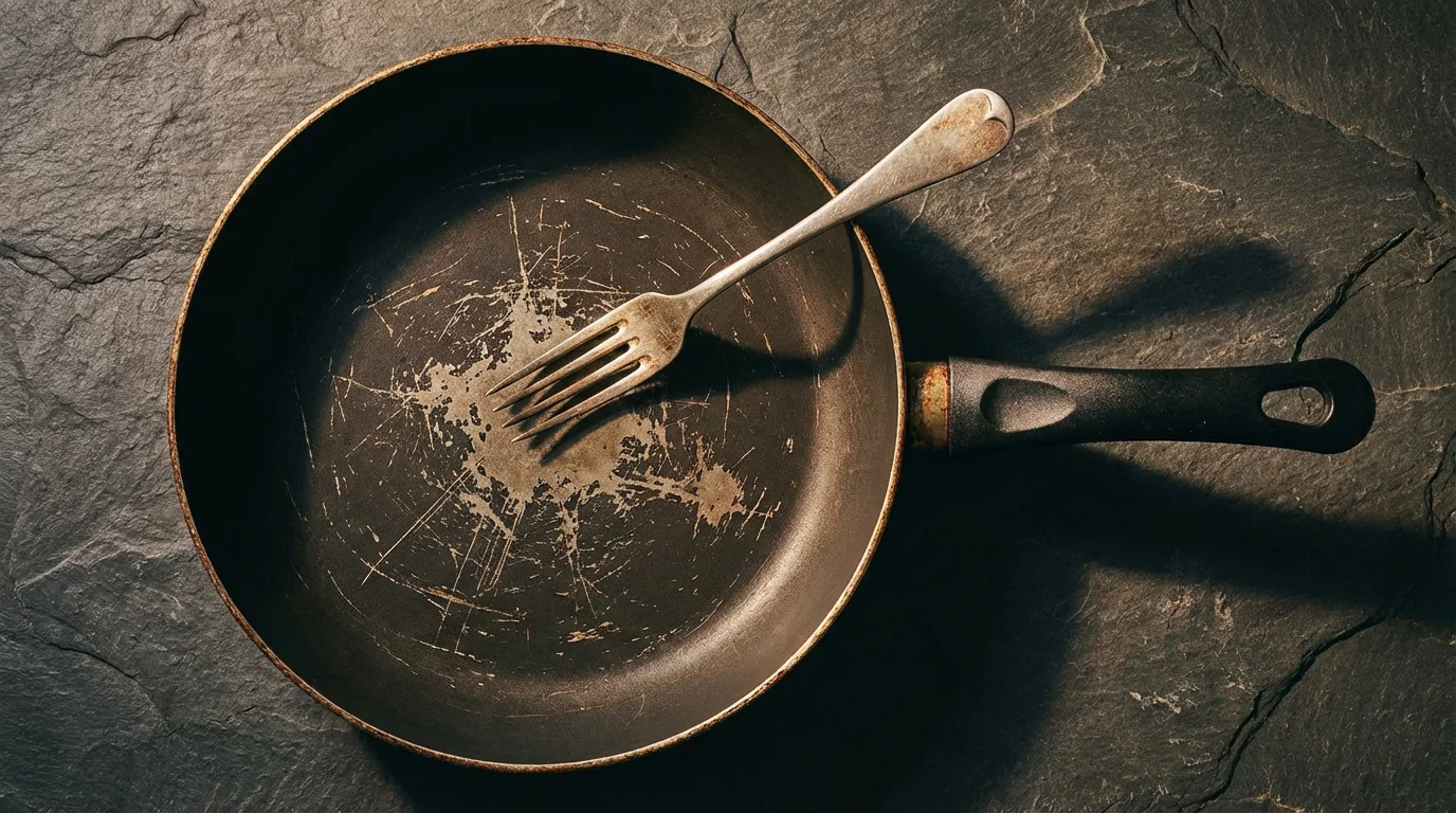 Flat lay of a scratched non-stick pan with a metal fork, demonstrating damage.