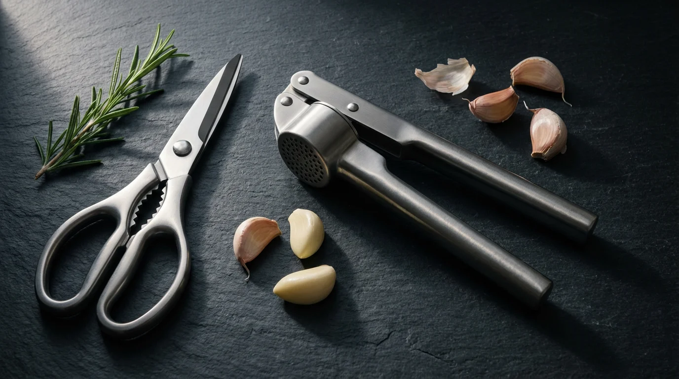 Flat lay of a stainless steel garlic press and kitchen shears on a slate surface.