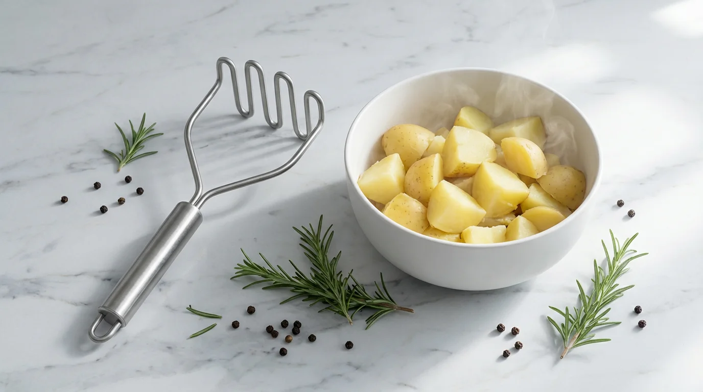 Flat lay of a stainless steel wavy potato masher beside a bowl of potatoes.