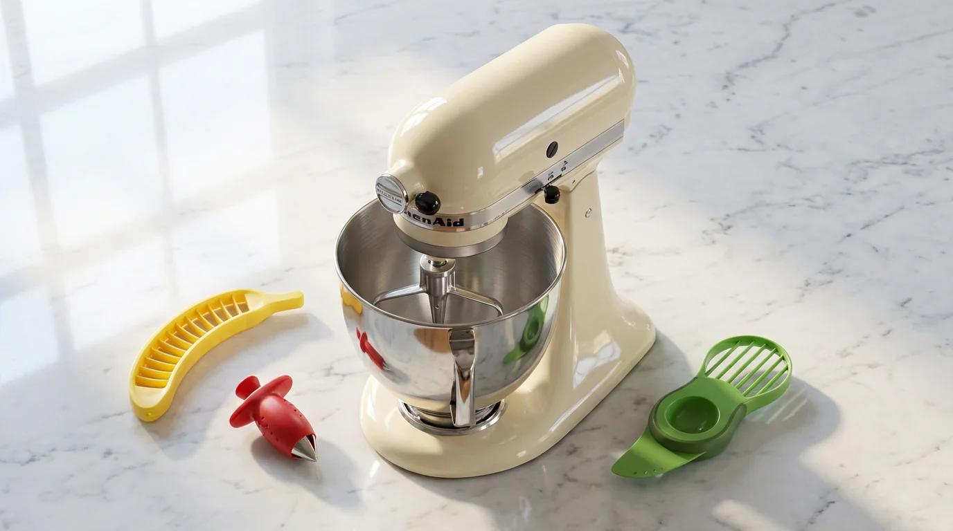 Flat lay of a stand mixer surrounded by single-use kitchen gadgets on a marble counter.