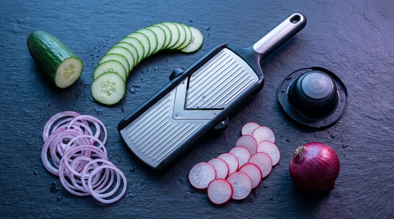Flat lay of a V-blade mandoline slicer with precisely sliced cucumber and red onion.