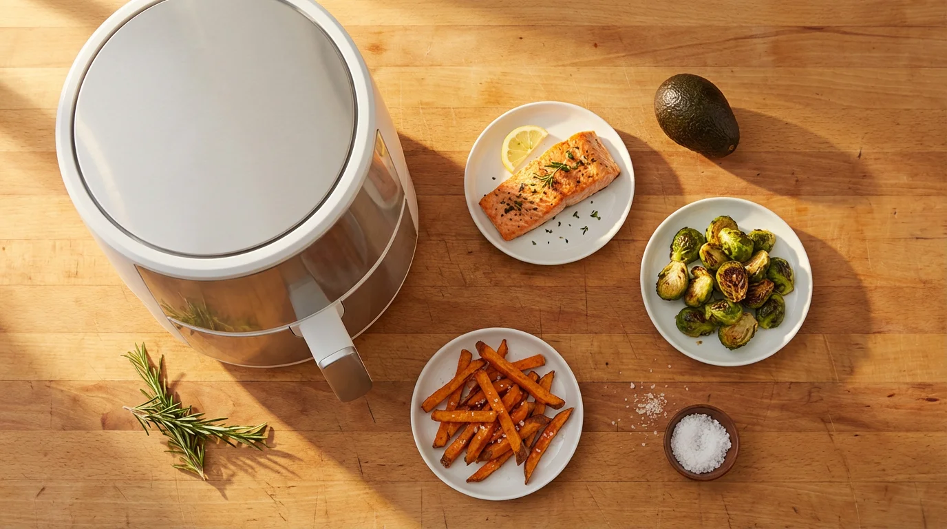 Flat lay of a white air fryer surrounded by healthy, colorful air-fried foods.