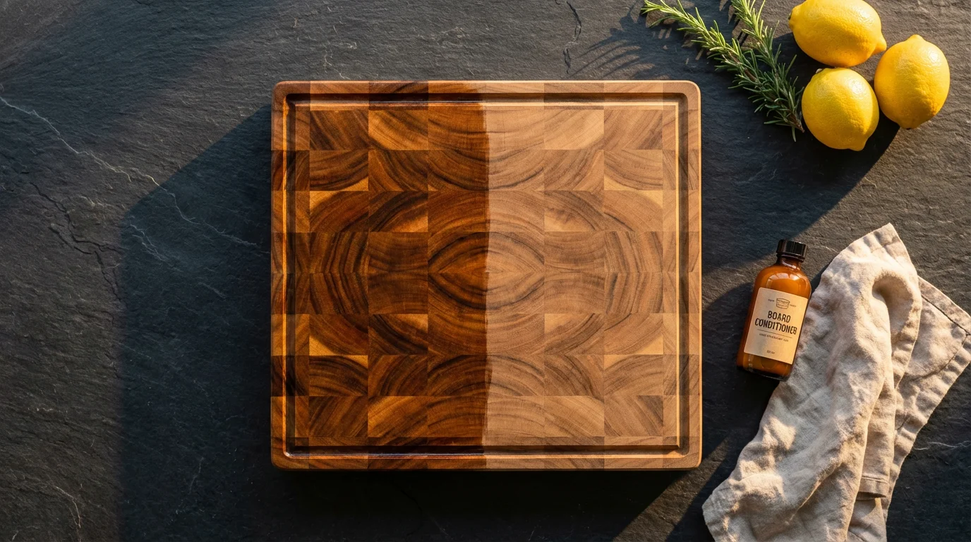 Flat lay of a wooden cutting board being conditioned with oil at sunset.