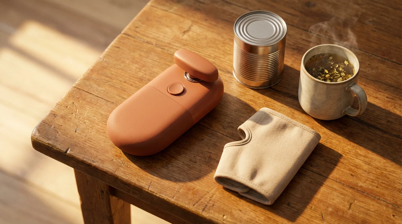 Flat lay of an electric can opener, hand brace, and tea on a wooden table.