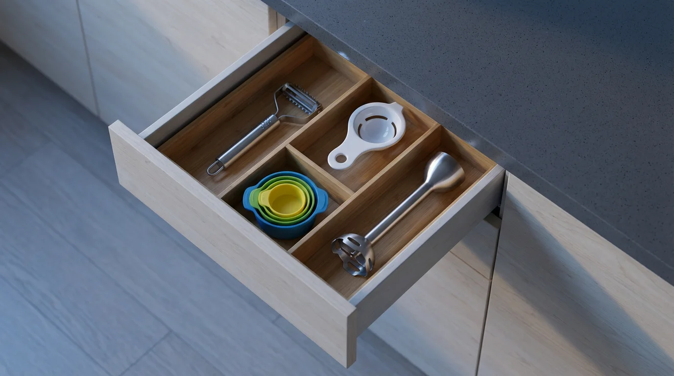 Flat lay of an organized kitchen drawer with compact, modern space-saving gadgets.