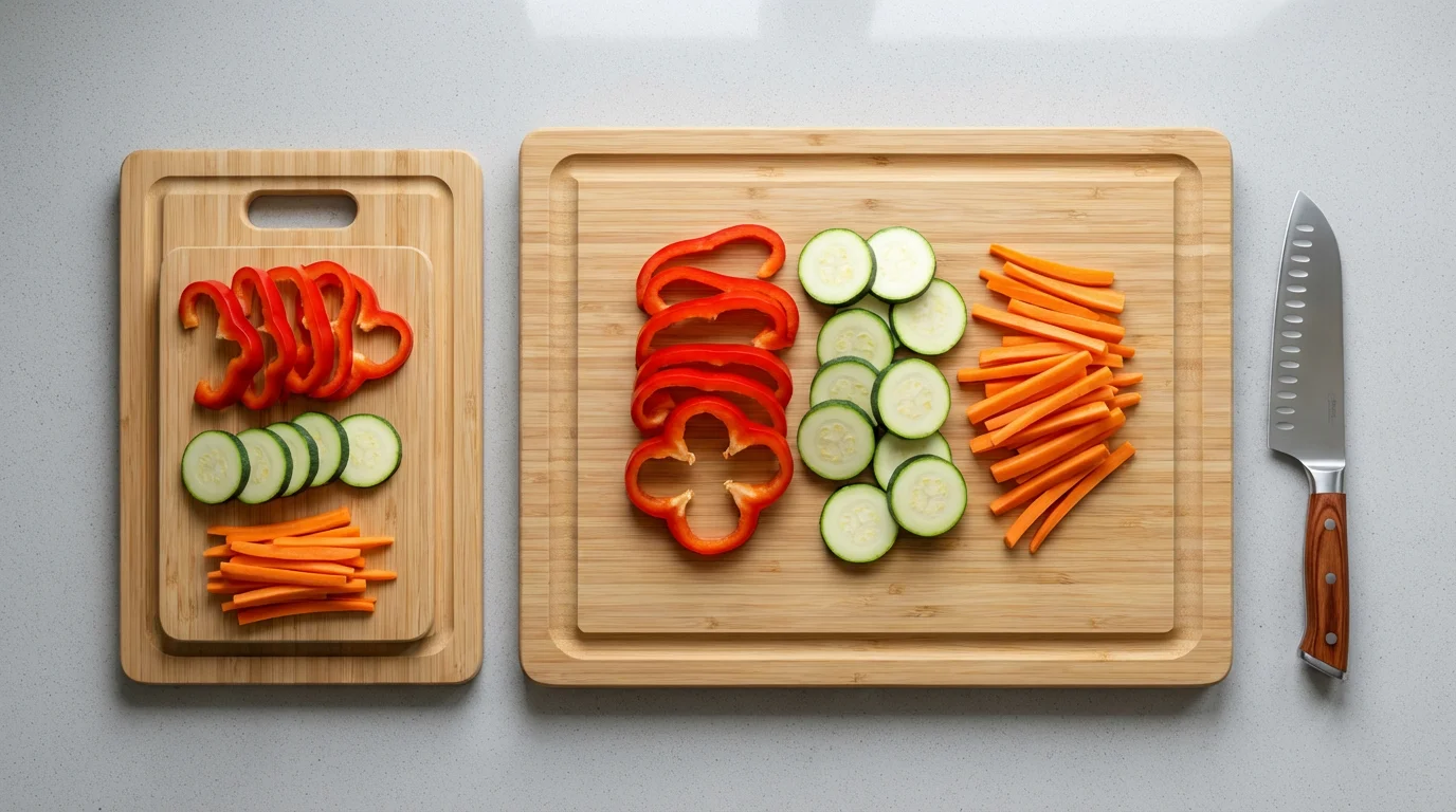 Flat lay of bamboo cutting boards with fresh sliced vegetables on a quartz countertop.