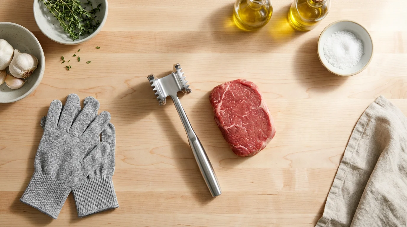 Flat lay of blade meat tenderizer, raw steak, and safety gloves on a butcher block.