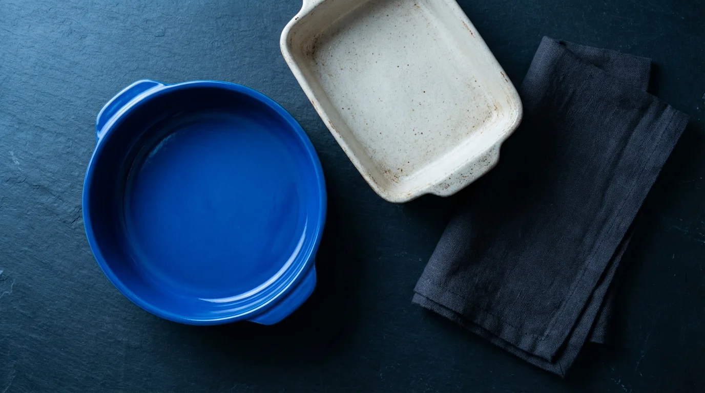 Flat lay of blue ceramic and cream stoneware casserole dishes on a dark slate surface.