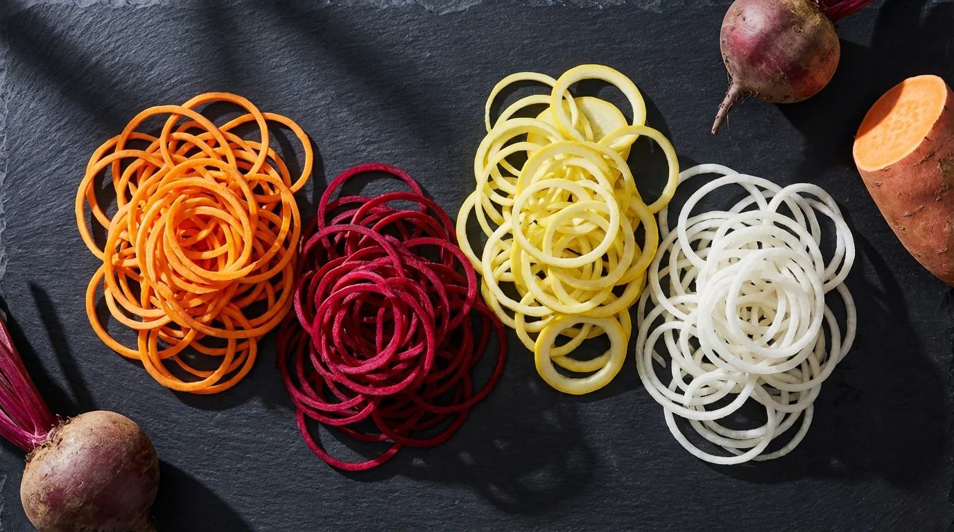 Flat lay of colorful spiralized vegetables like beets and sweet potatoes on a slate.
