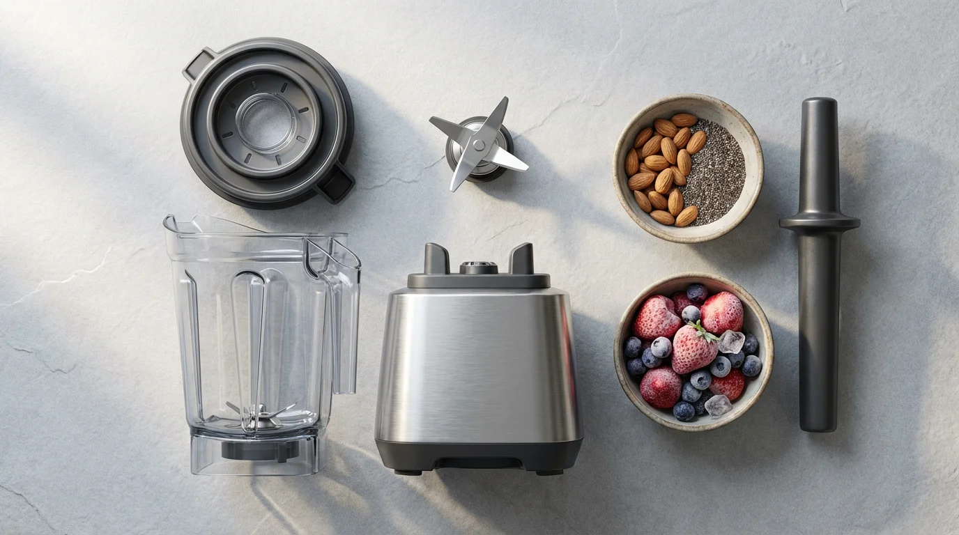 Flat lay of disassembled high-performance blender parts next to bowls of nuts and fruit.