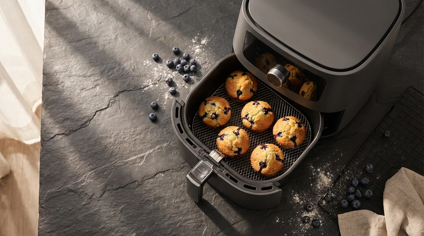 Flat lay of freshly baked blueberry muffins in a modern air fryer basket.