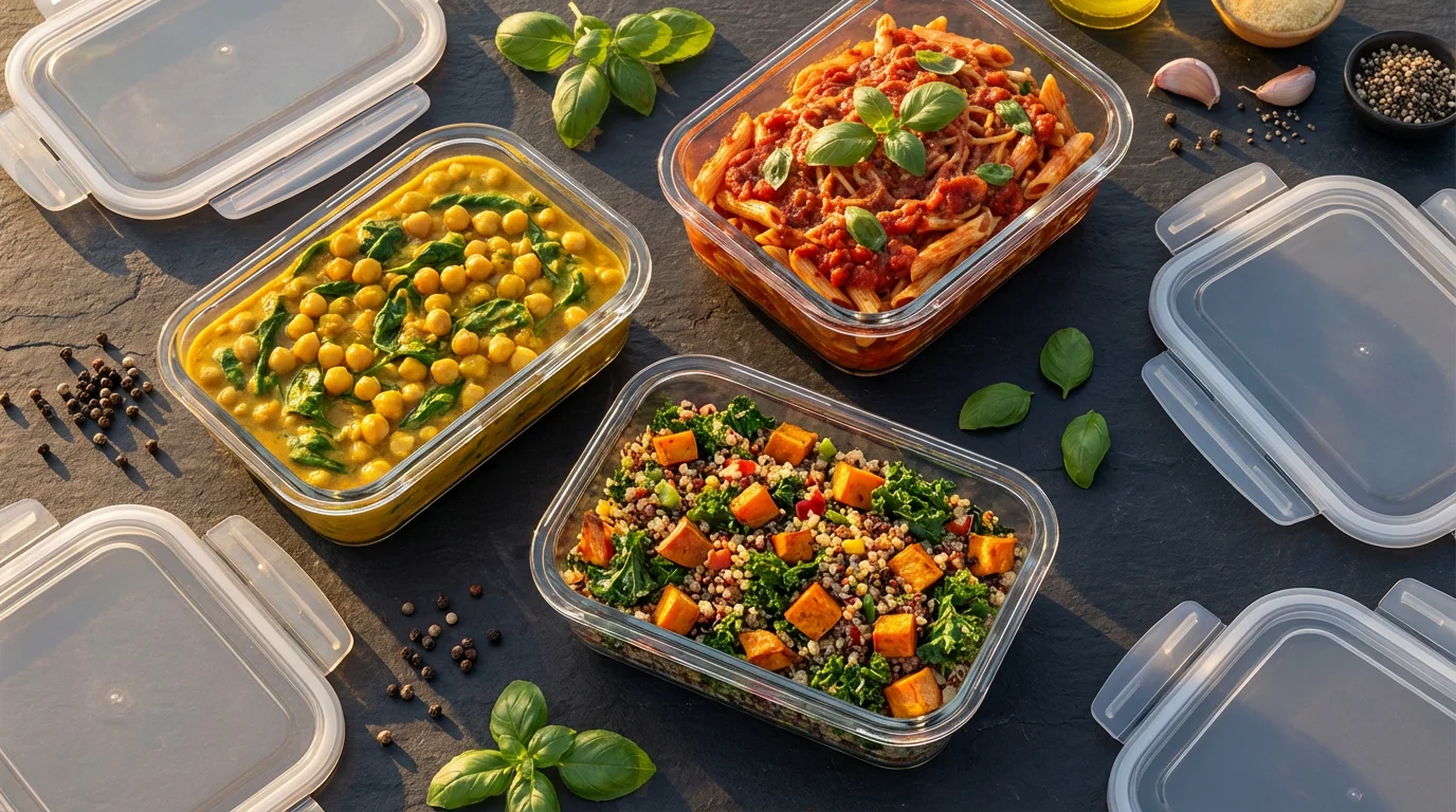 Flat lay of glass food storage containers filled with colorful prepped meals on slate.