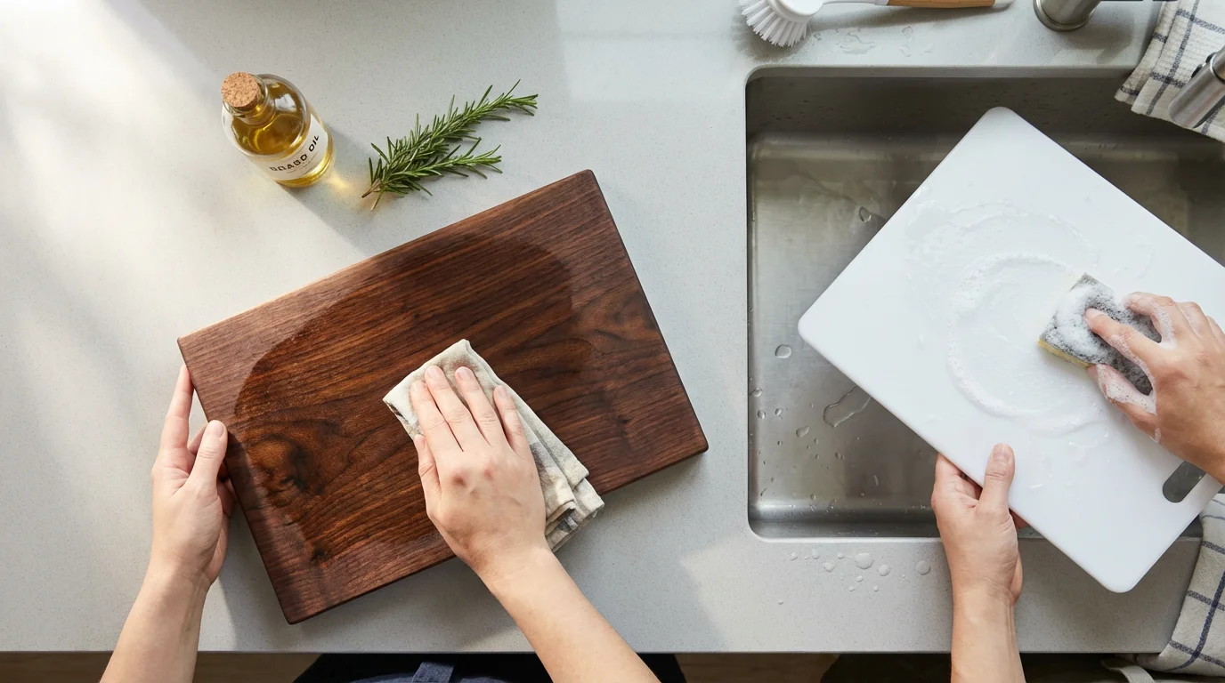 Flat lay of hands cleaning a wood cutting board and a plastic cutting board.