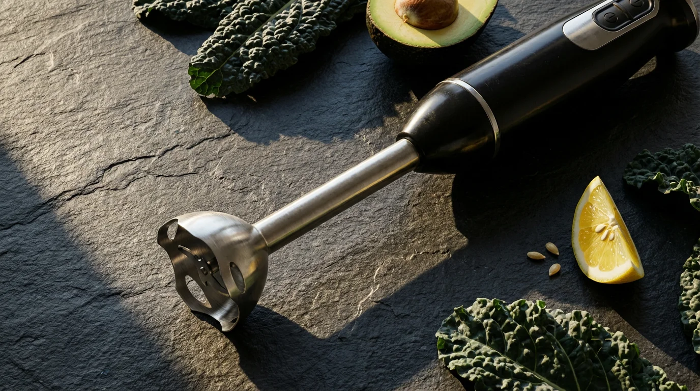 Flat lay of immersion blender components on a dark slate surface with fresh ingredients.