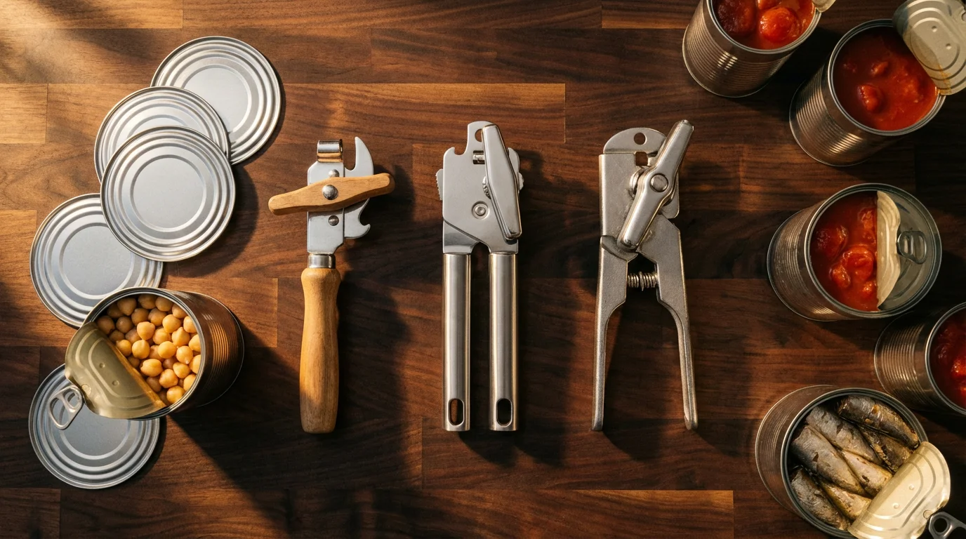 Flat lay of several manual can openers and cleanly opened can lids on a wood countertop.