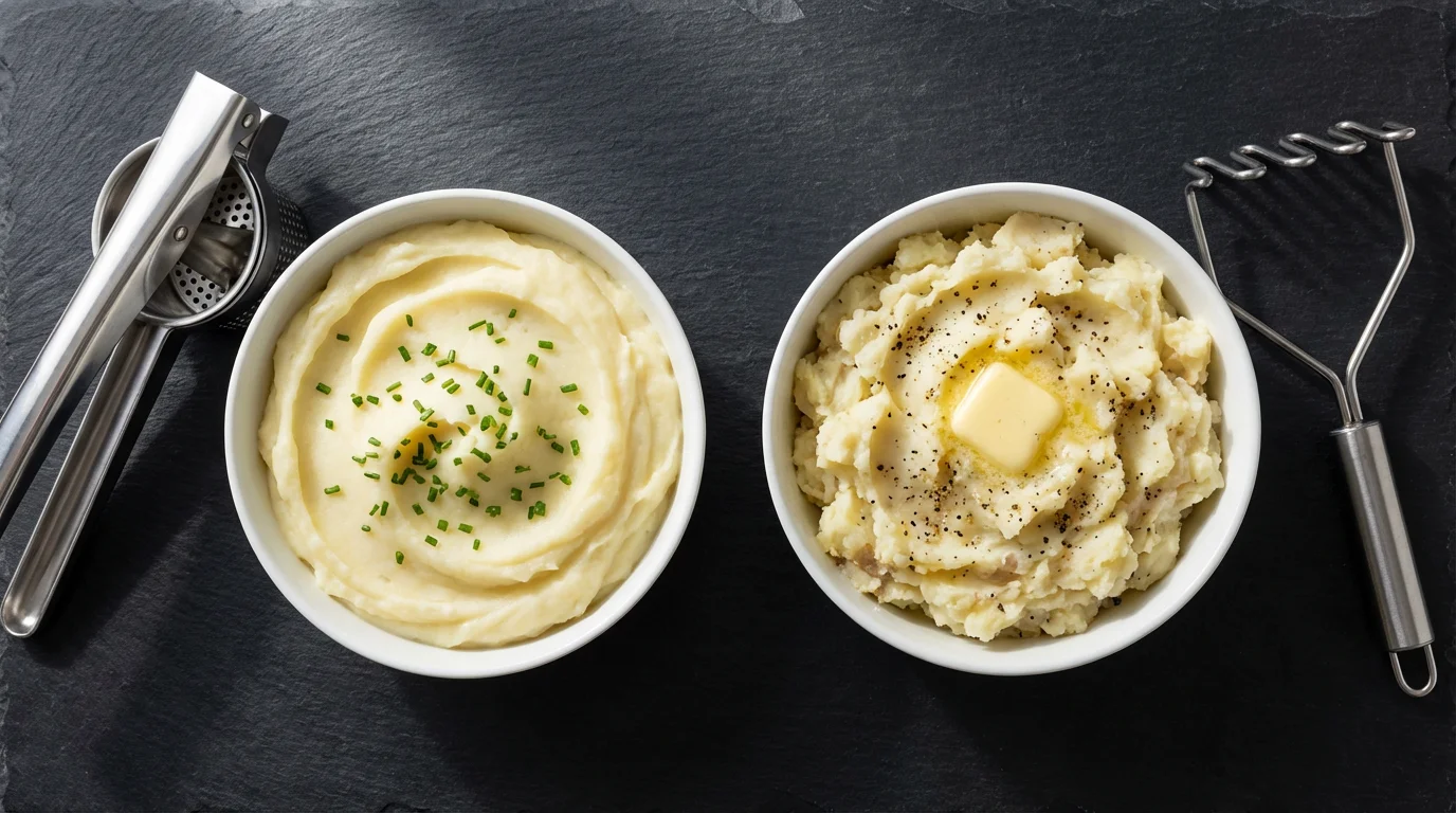 Flat lay of smooth and chunky mashed potatoes next to a ricer and masher.