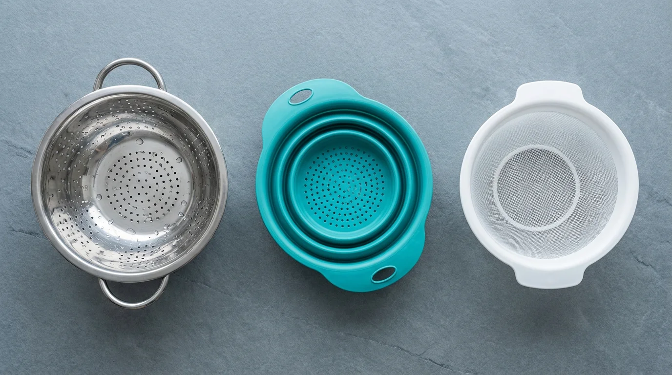 Flat lay of stainless steel, silicone, and plastic colanders on a grey slate background.