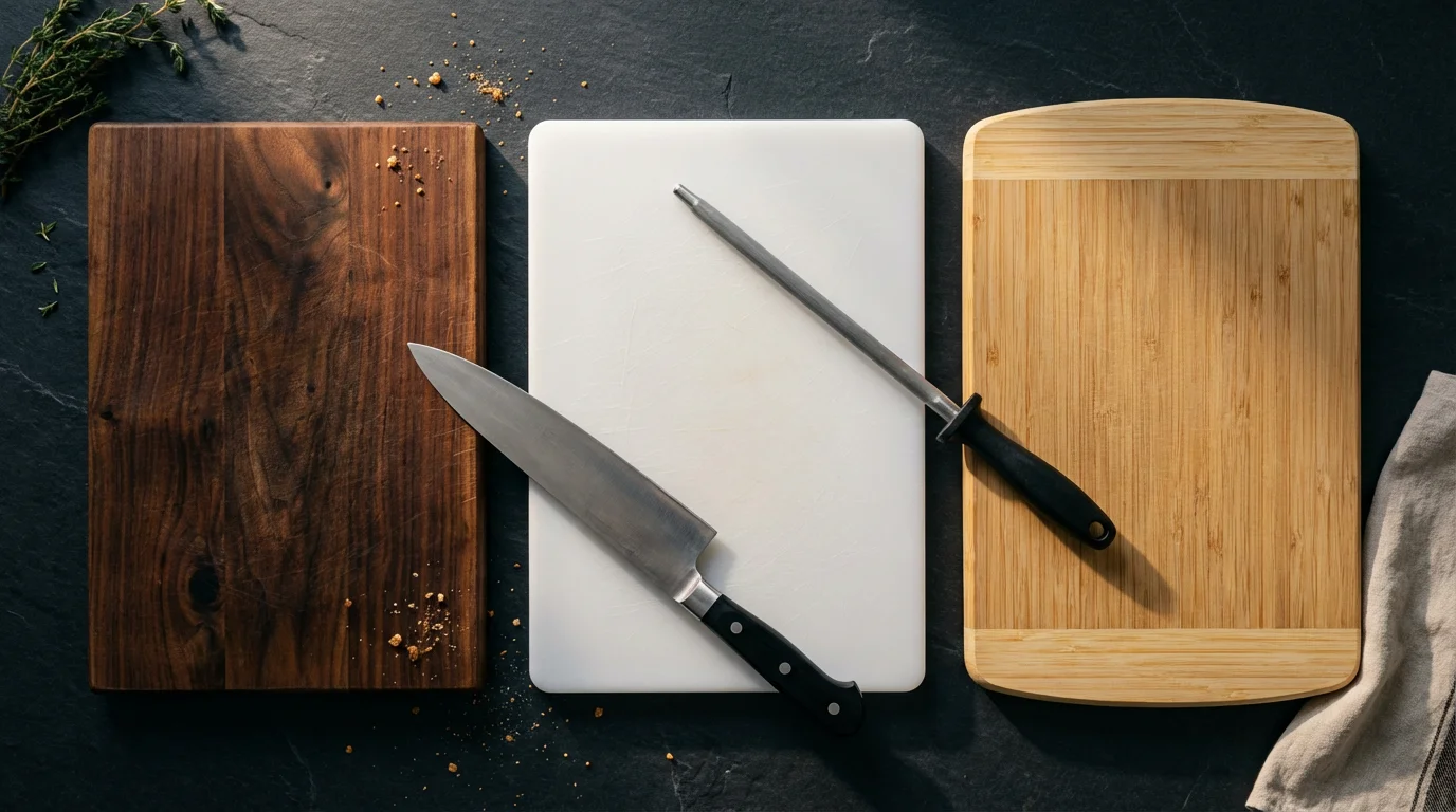 Flat lay of wood, plastic, and bamboo cutting boards with a chef knife.