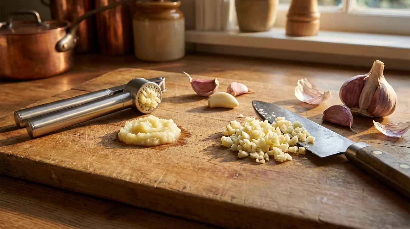 Garlic minced with a press versus a knife on a wooden cutting board.