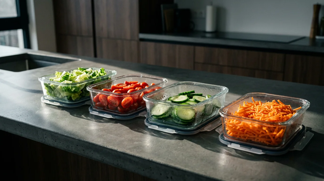 Glass meal prep containers with fresh salad ingredients on a modern kitchen countertop.