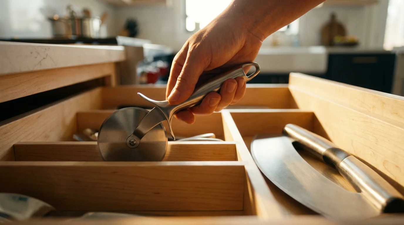 Hand gripping an ergonomic wheel pizza cutter in a well-organized modern kitchen drawer.