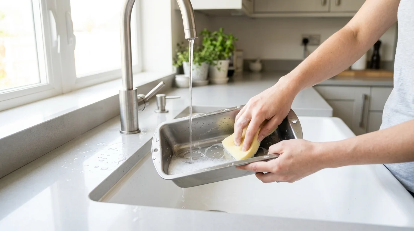 Hands carefully hand-washing a metal loaf pan with a sponge in a sunlit kitchen sink.