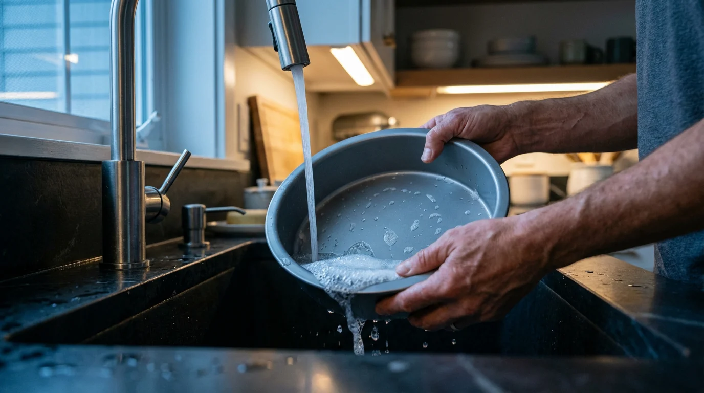 Hands carefully hand-washing an aluminum cake pan in a modern kitchen sink at dusk.