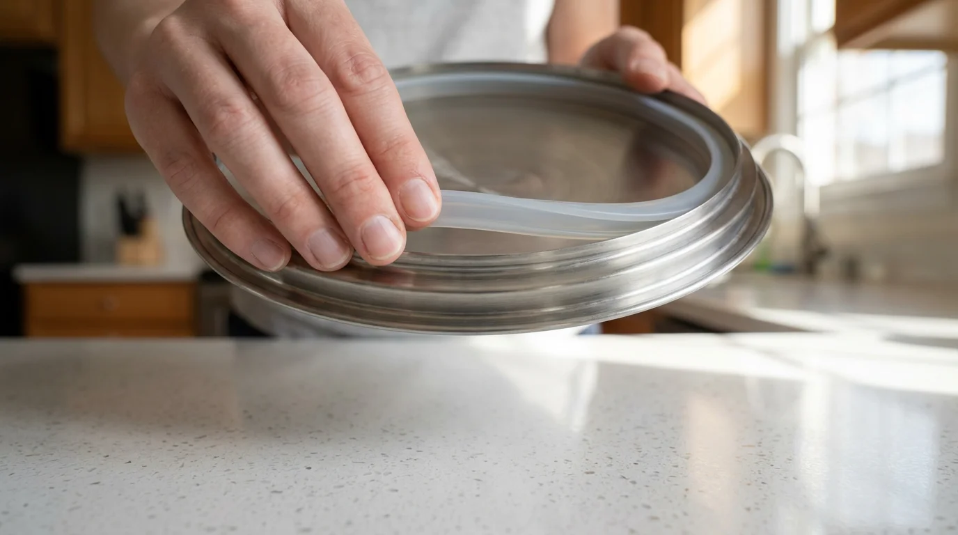 Hands carefully placing a silicone sealing ring inside an electric pressure cooker lid.