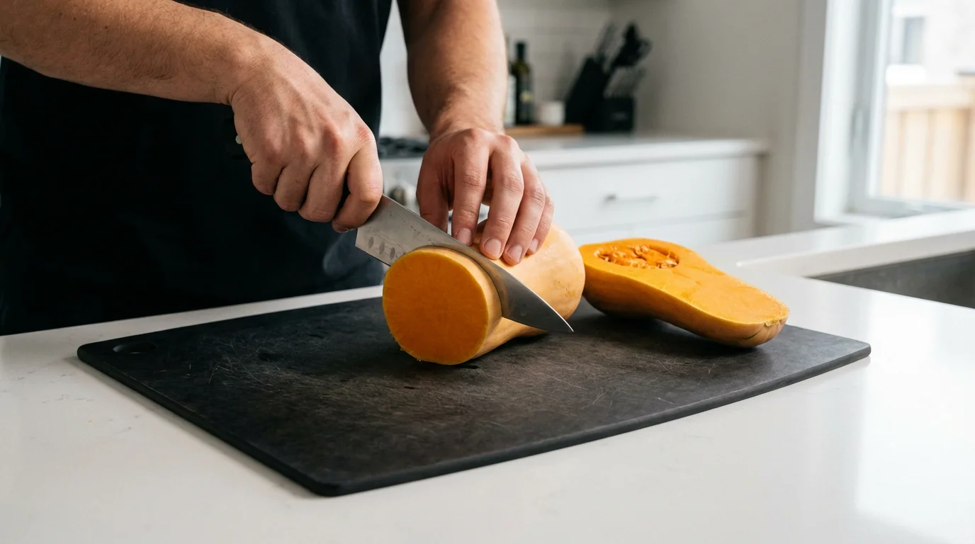 Hands chopping butternut squash on a sturdy, dark composite cutting board in a kitchen.
