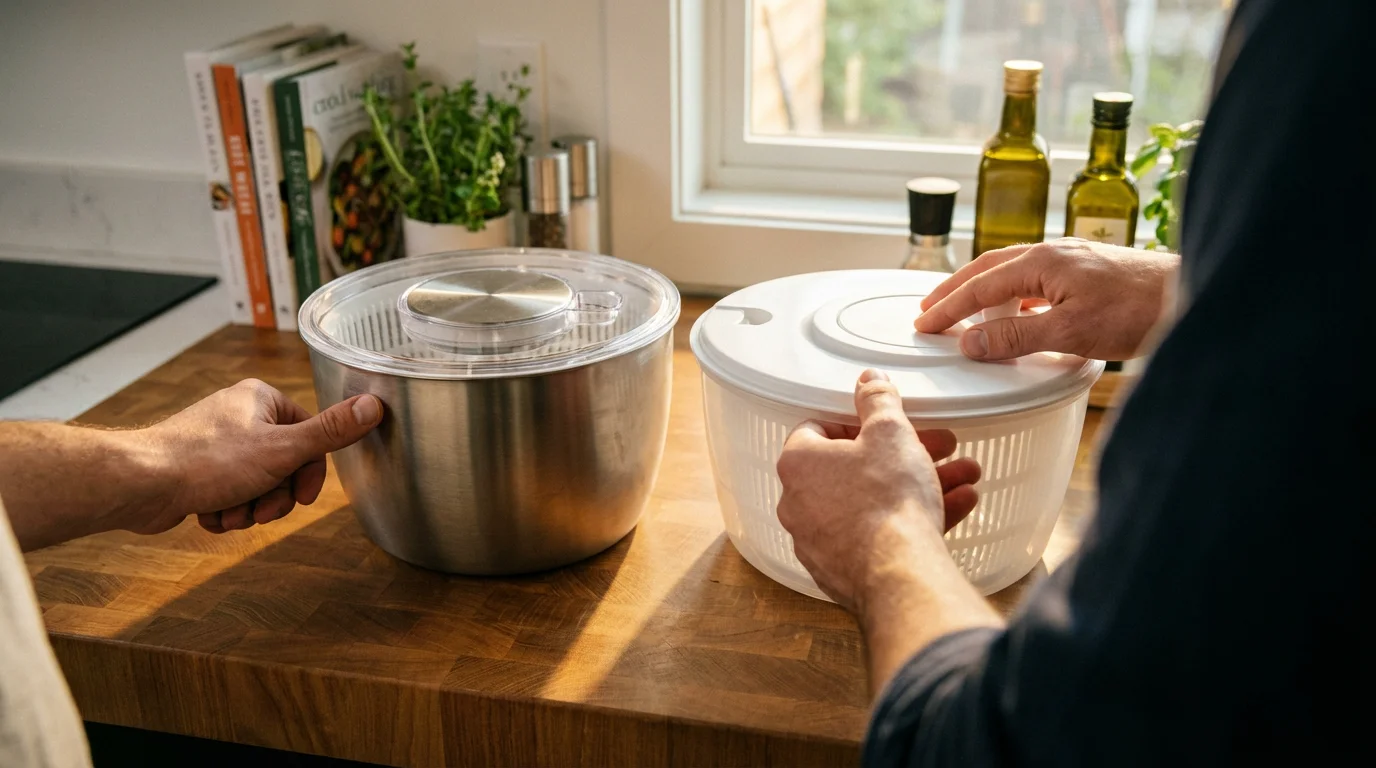 Hands comparing the materials of a plastic and a stainless steel salad spinner.