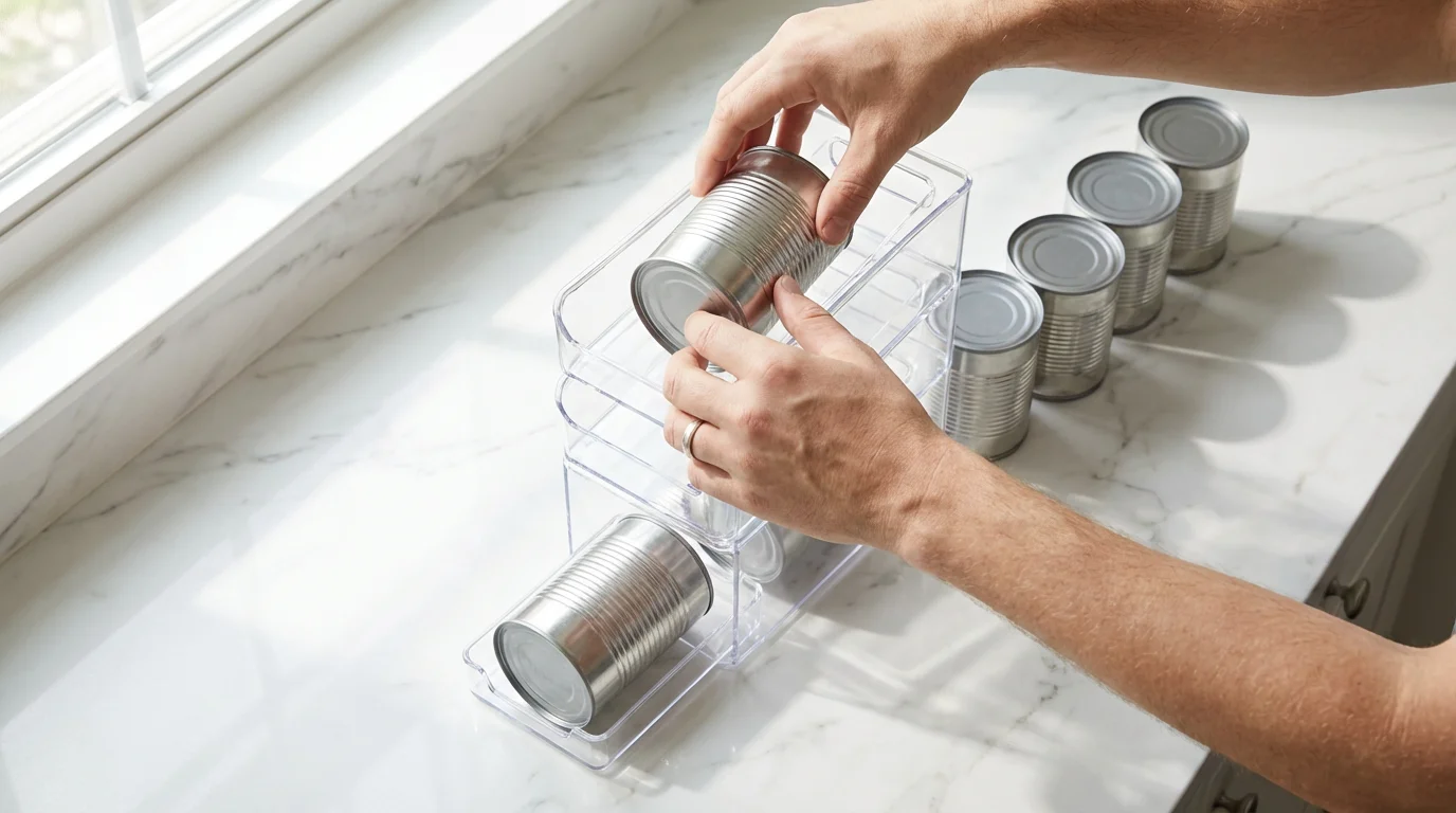 Hands demonstrating the FIFO method by loading a clear can organizer on a countertop.