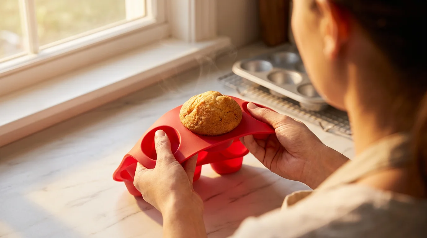 Hands easily removing a golden-brown muffin from a flexible red silicone pan.