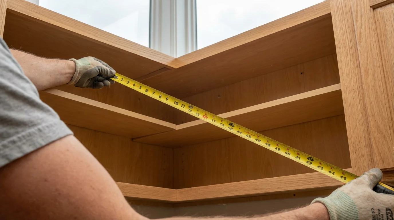 Hands holding a tape measure inside an empty kitchen corner cabinet for installation.