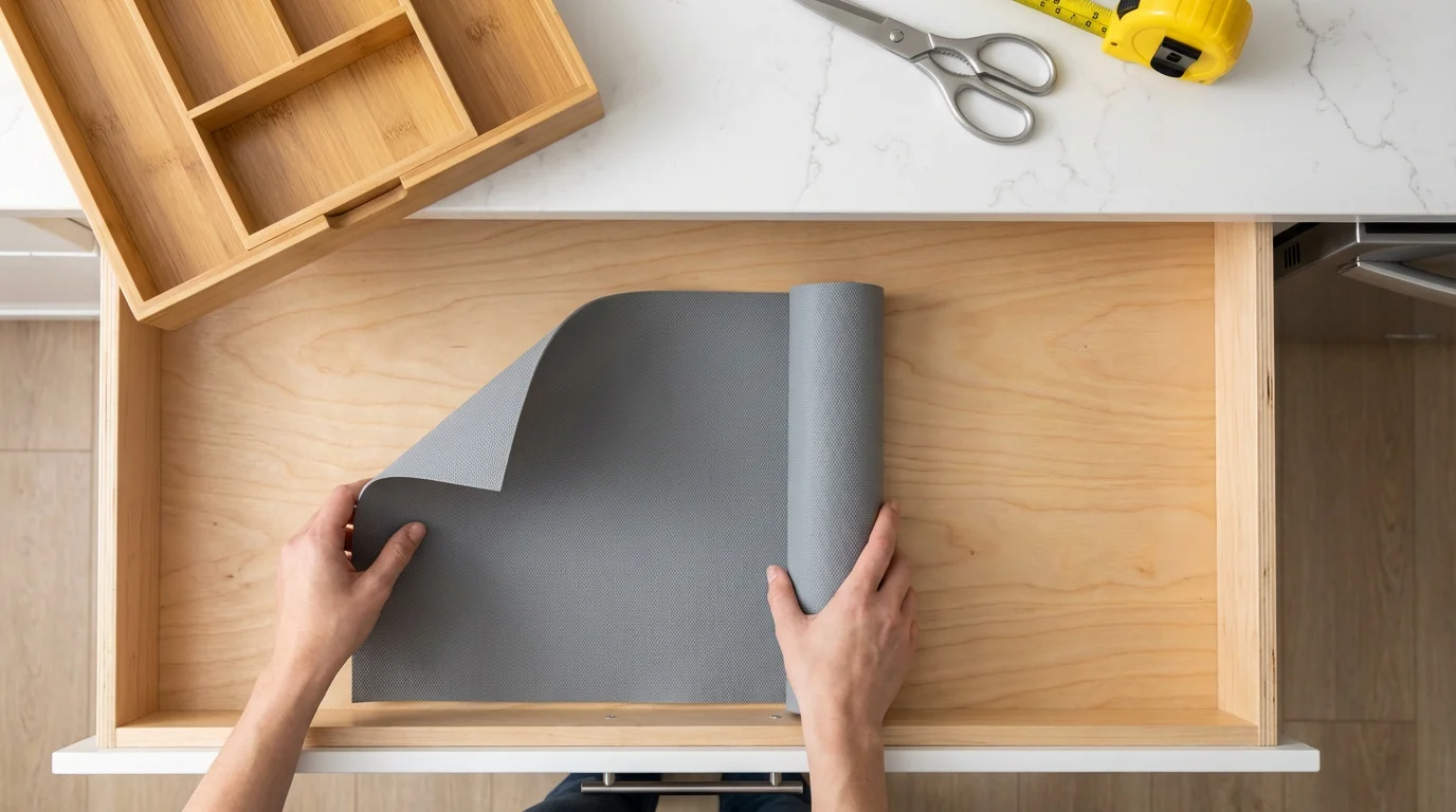 Hands installing a non-slip gripper liner into an empty kitchen drawer for utensils.