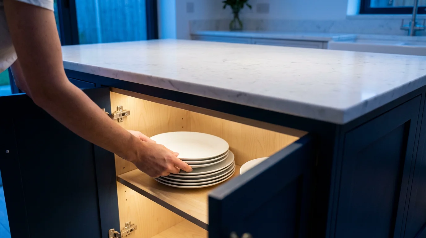 Hands placing clean plates into an organized modern kitchen island cabinet during blue hour.