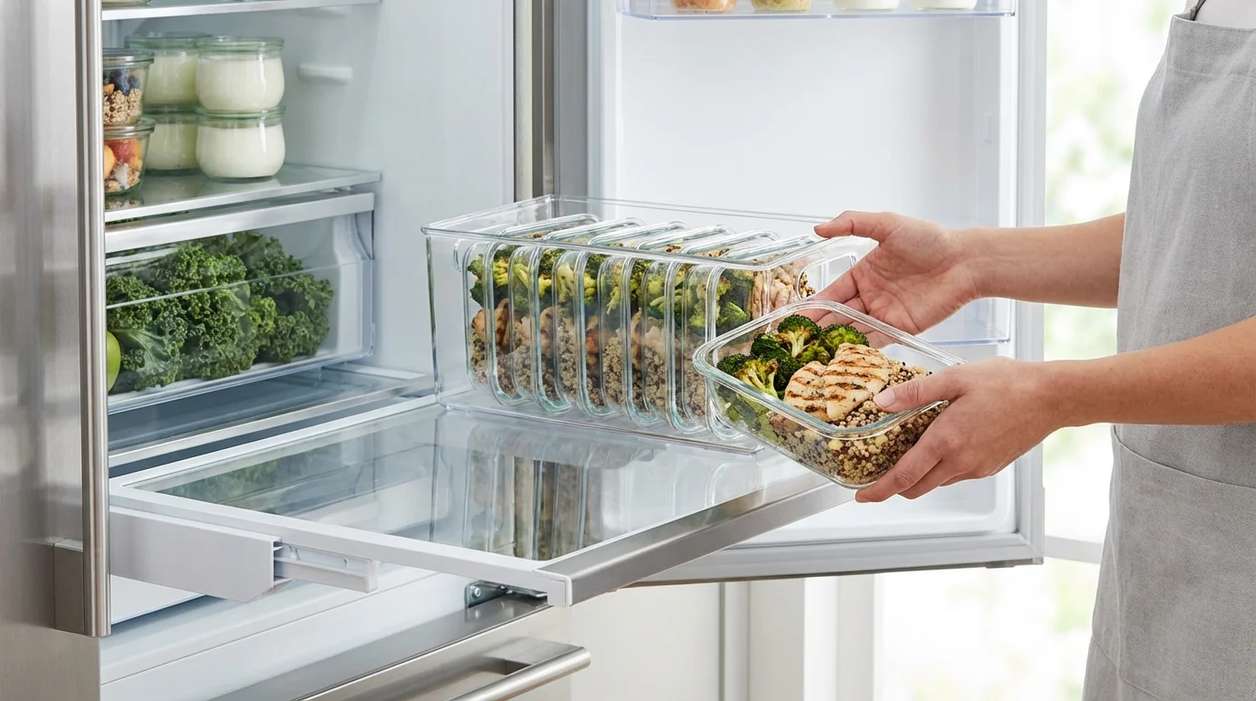 Hands placing organized glass meal prep containers into a clean and modern refrigerator.