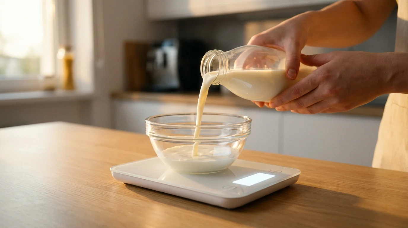 Hands pouring milk into a glass bowl on a digital kitchen scale at sunset.