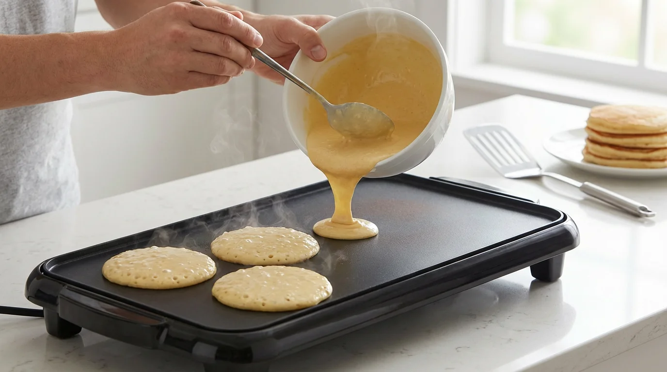 Hands pouring pancake batter onto a hot electric griddle with several pancakes cooking.