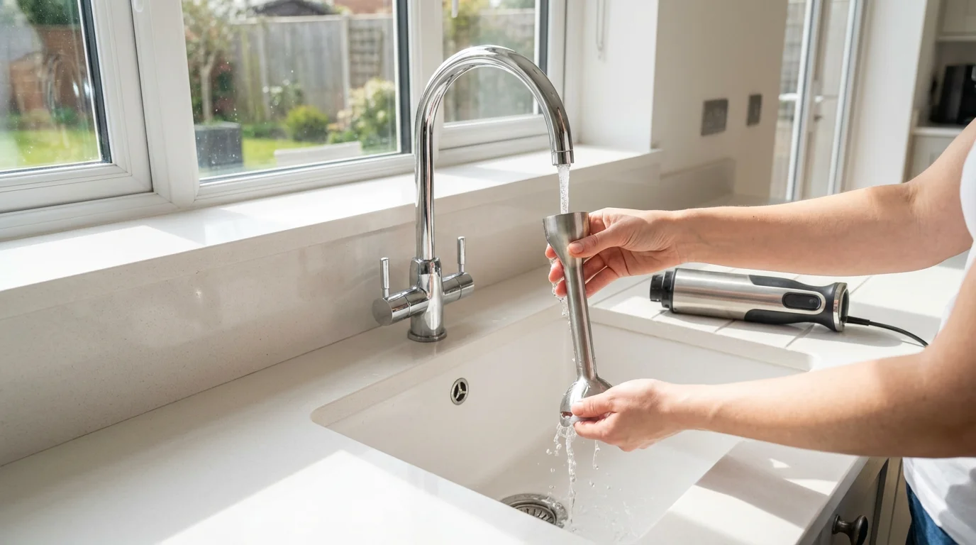 Hands rinsing the shaft of an immersion blender in a sunlit, modern kitchen sink.