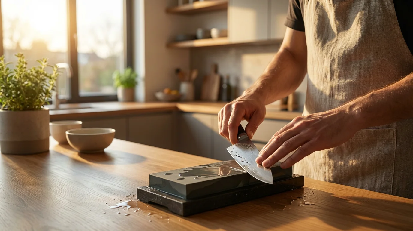 Hands sharpening a chef's knife on a wet whetstone in a sunlit kitchen.
