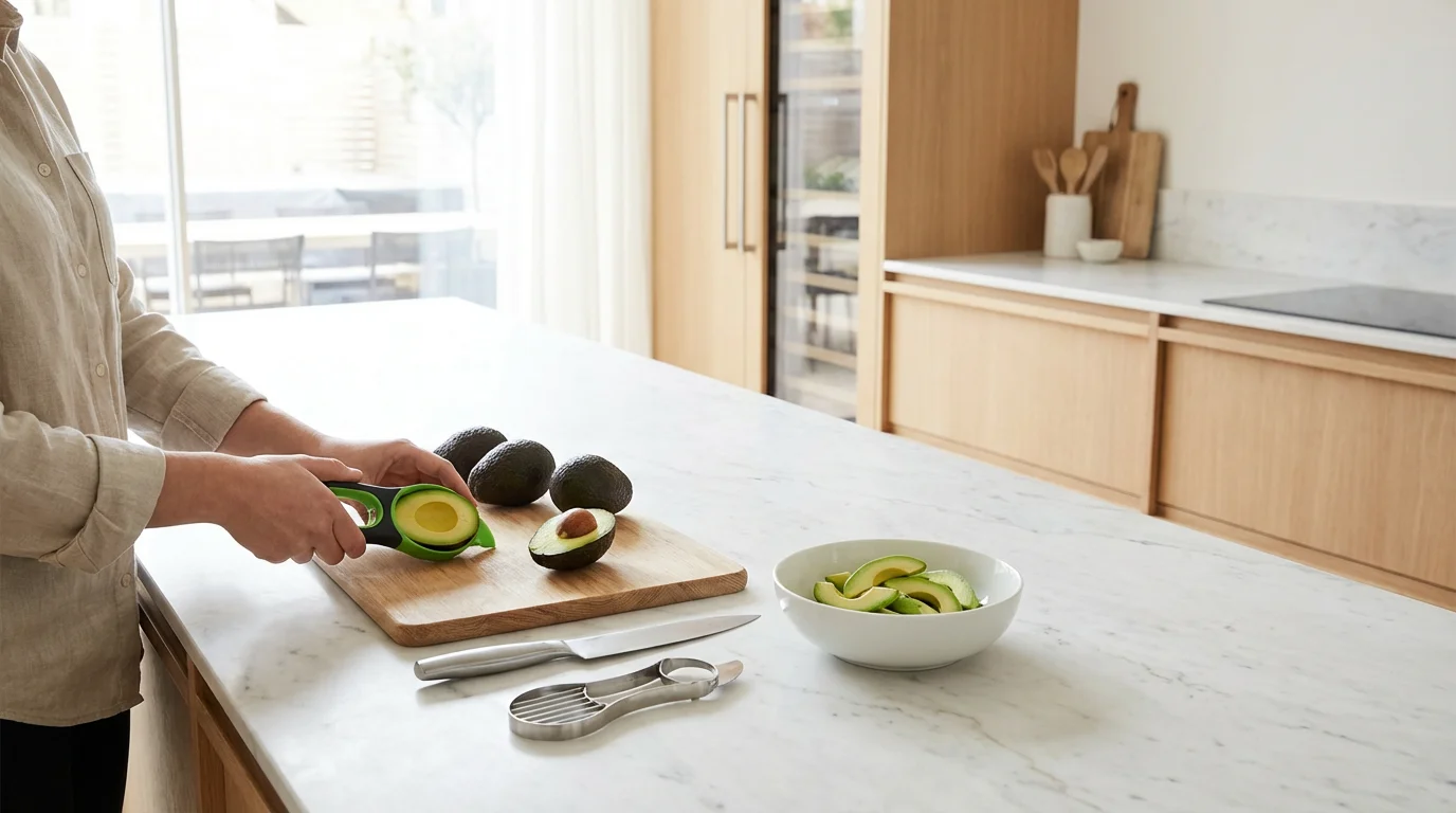Hands testing an avocado slicer tool on a white marble kitchen counter with other tools.