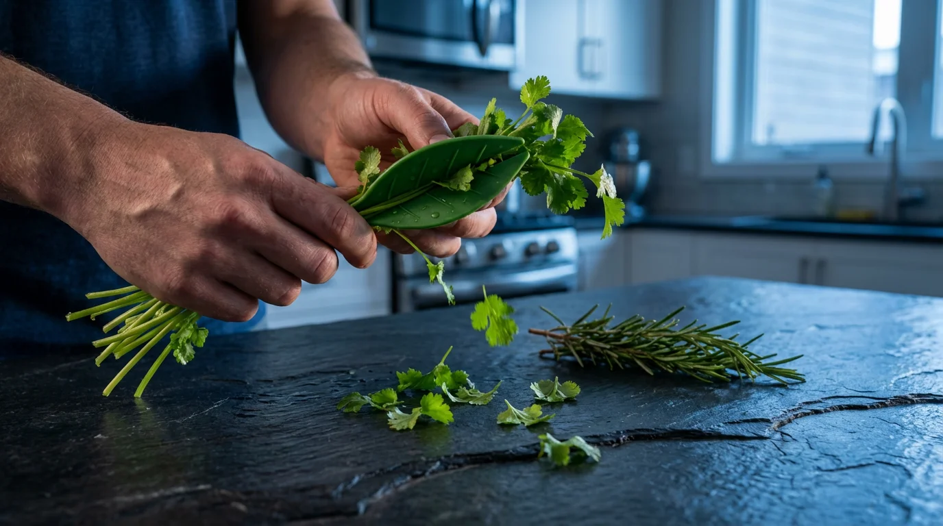 Hands using a green leaf-shaped herb stripper to remove leaves from fresh cilantro stems.