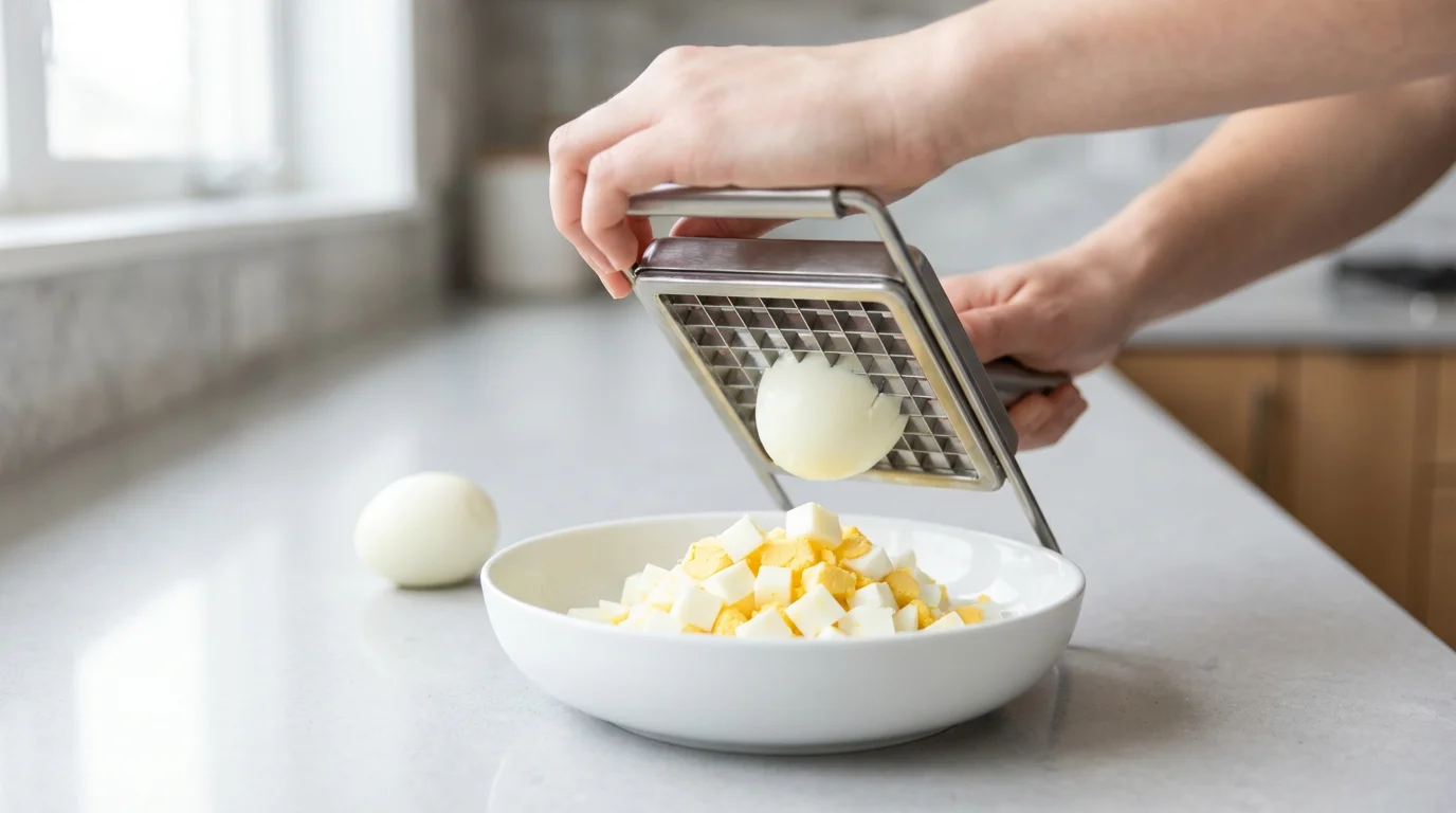 Hands using a modern egg dicer to cleanly dice a hard-boiled egg into a bowl.