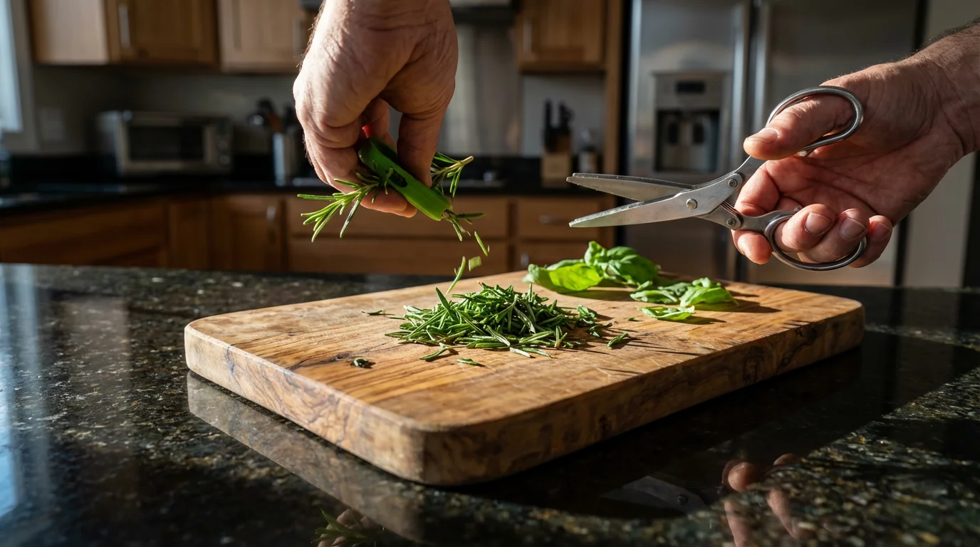 Hands using a silicone herb stripper and multi-blade herb scissors on a cutting board.