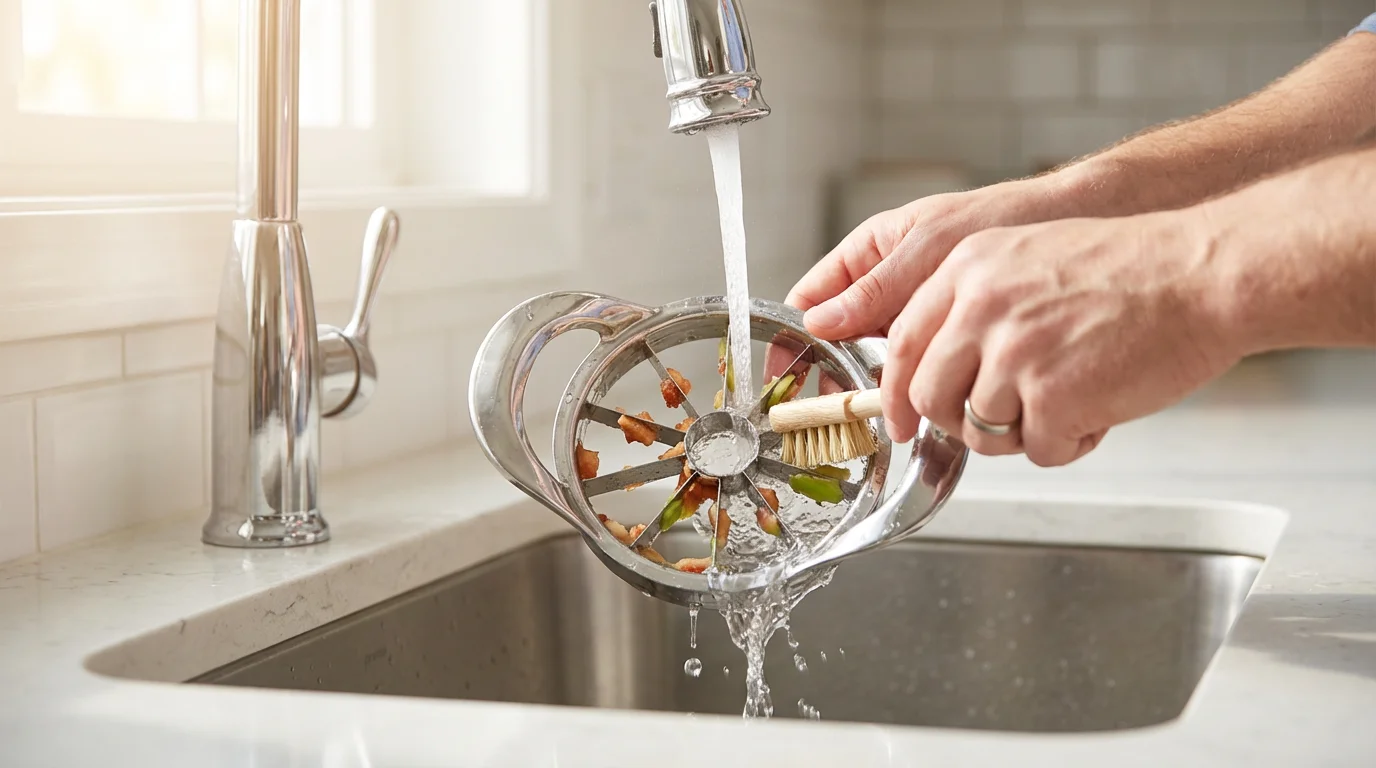 Hands using a small brush to clean an apple slicer in a kitchen sink.